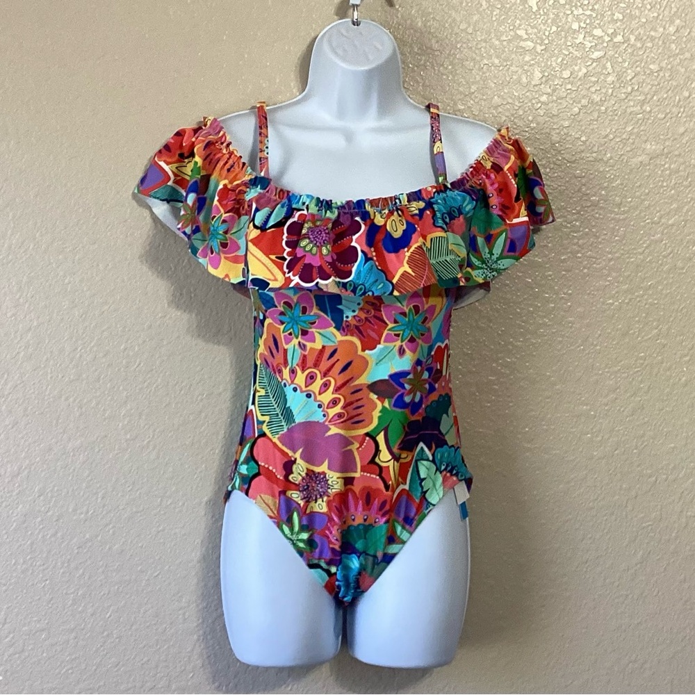 Bleu Rod Beattie Floral Ruffle Off-Shoulder Swimsuit